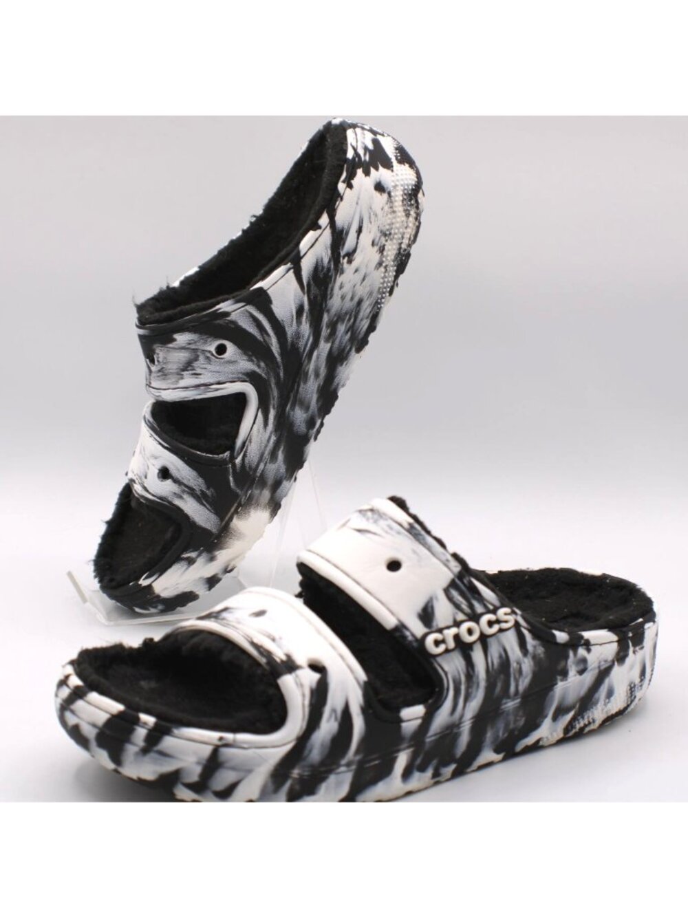 Crocs Classic Cozzzy Marble Black White Clogs Unisex Sandals Slides Fleece Lined